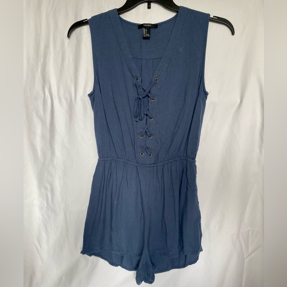 Forever 21 Women’s Steel Blue Romper Jumpsuit Tank with Lace-up V Neck Size S
